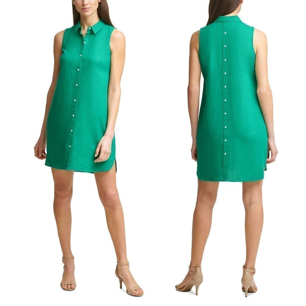 Jessica Howard Size 8 Petite 8P Solid Green Button Front Linen Mini Shirt Dress